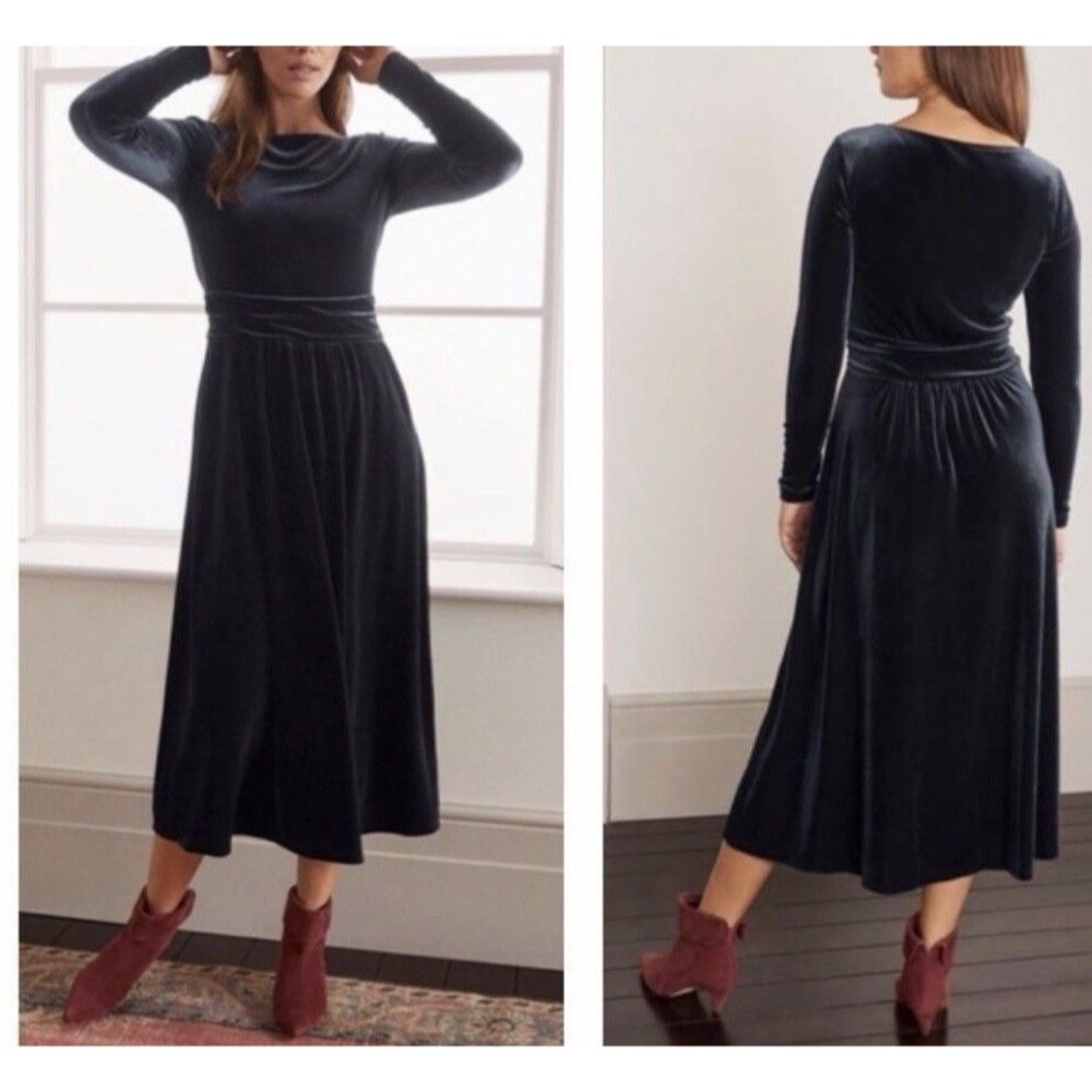 BODEN Lois Velvet Midi Dress Navy Blue US 4R UK 8R Long Sleeve Unlined Stretchy - Picture 2 of 11